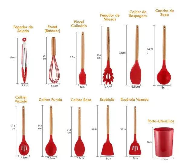 Kit de Utensílios de Cozinha em Silicone com Suporte - 12 Peças Livre de BPA e Antiaderente!