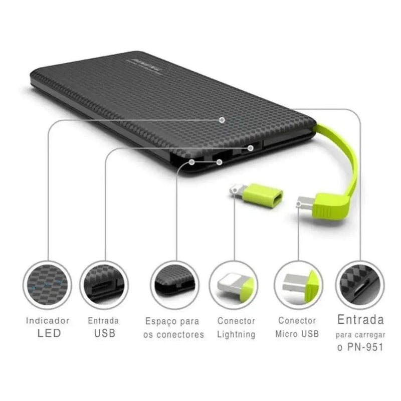 Power Bank 10.000mAh com Cabos Integrados para iPhone e Android - Carregador Portátil