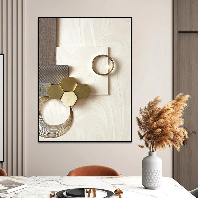 Conjunto de Quadros Abstratos Modernos – 3 Peças em Bege e Ouro