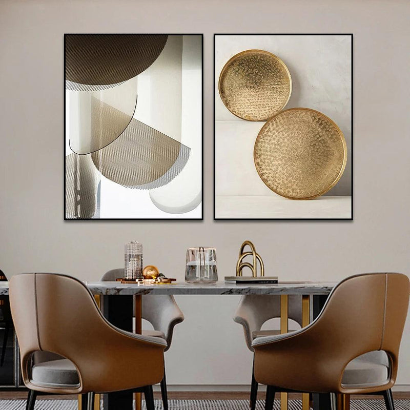 Conjunto de Quadros Abstratos Modernos – 3 Peças em Bege e Ouro